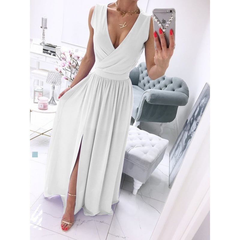 Robe longue d'été sans manches et à la cheville pour femme, couleur unie, col en V, fendue sur le devant