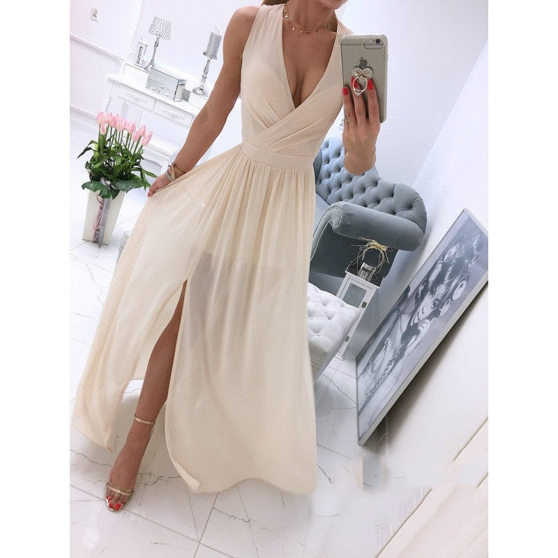 Robe longue d'été sans manches et à la cheville pour femme, couleur unie, col en V, fendue sur le devant