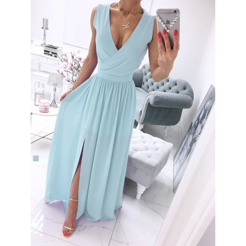 Robe longue d'été sans manches et à la cheville pour femme, couleur unie, col en V, fendue sur le devant