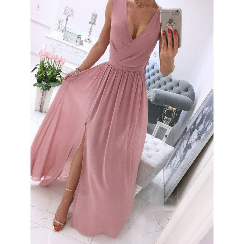 Robe longue d'été sans manches et à la cheville pour femme, couleur unie, col en V, fendue sur le devant