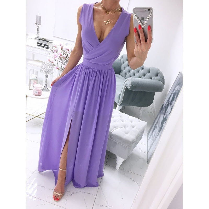 Robe longue d'été sans manches et à la cheville pour femme, couleur unie, col en V, fendue sur le devant