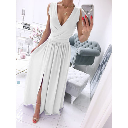 Robe longue d'été sans manches et à la cheville pour femme, couleur unie, col en V, fendue sur le devant