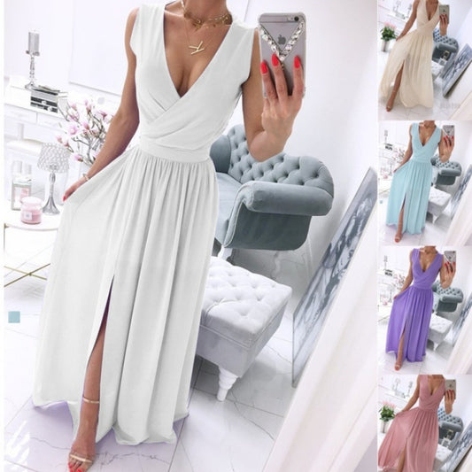 Robe longue d'été sans manches et à la cheville pour femme, couleur unie, col en V, fendue sur le devant