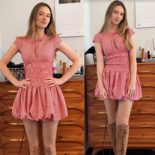 Robe à manches courtes ajourée à motif rouge pour femmes